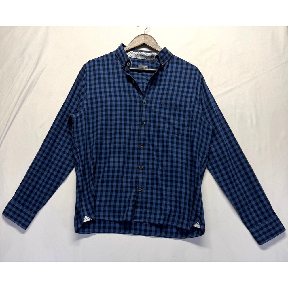 Van Heusen Never Tuck Dress Shirt Mens L 16-16.5 Blue Black Gingham Check Formal